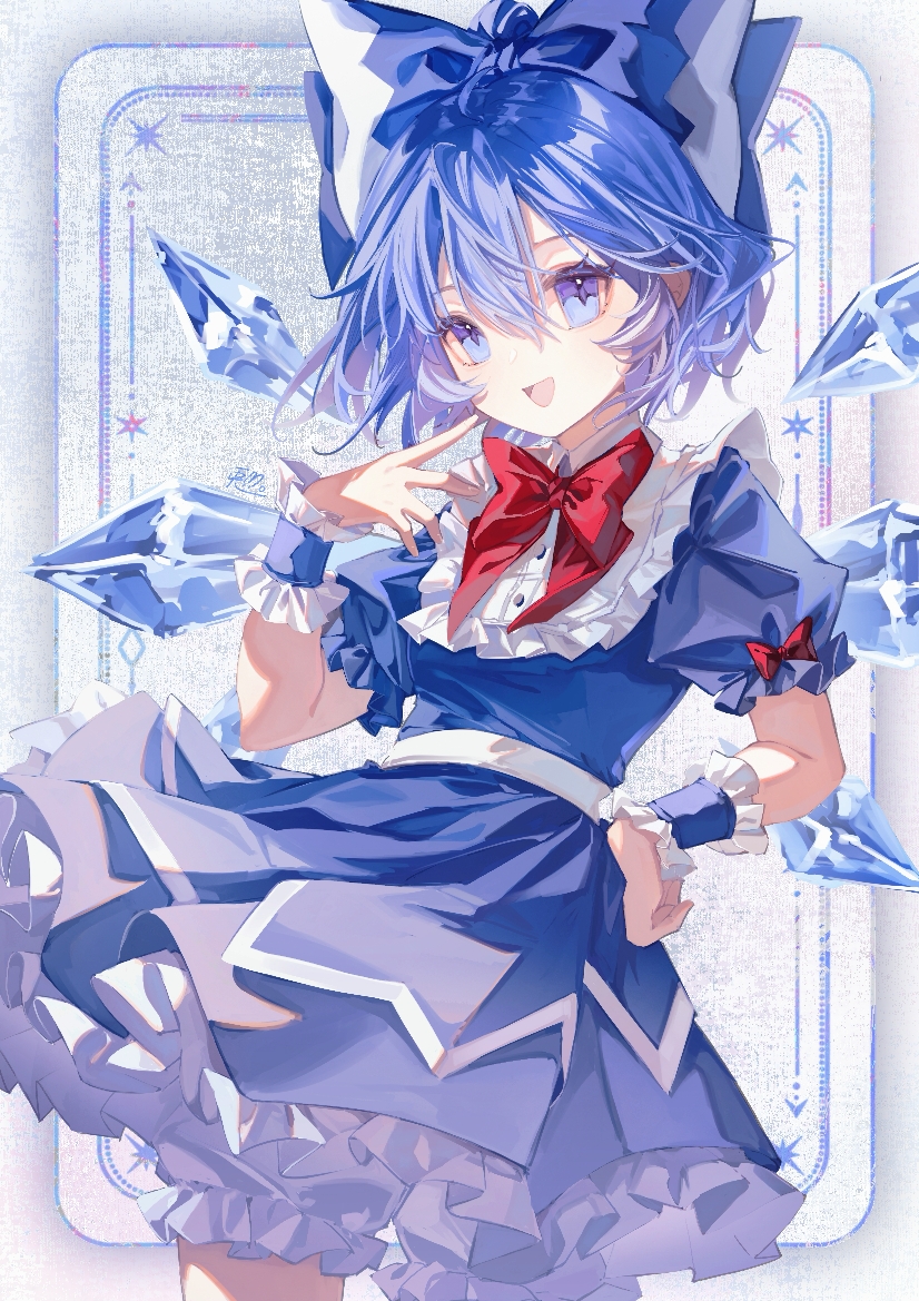 ringo no usagi, cirno, touhou, commentary, symbol-only commentary, 1girl, :d, bloomers, blue bow, blue dress, blue eyes, blue hair, blue wrist cuffs, bow, bowtie, cowboy shot, detached wings, dress, frilled wrist cuffs, frills, hair between eyes, hair bow, hand on own hip, hand up, ice, ice wings, looking at viewer, open mouth, puffy short sleeves, puffy sleeves, red bow, red bowtie, short hair, short sleeves, smile, solo, standing, underwear, white bloomers, wings, wrist cuffs