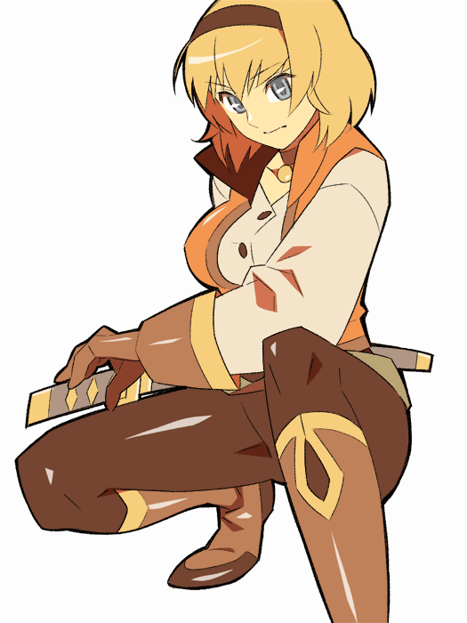 itsumo nokoru, guy cecil, natalia luzu kimlasca lanvaldear, bandai namco, tales of (series), tales of the abyss, archived source, 1girl, anime coloring, ankle boots, aqua eyes, belt, black outline, blonde hair, bob cut, boots, breasts, brown boots, brown choker, brown gloves, brown hairband, brown leggings, brown trim, buttons, choker, collarbone, collared vest, cosplay, dress shirt, fighting stance, foot out of frame, gloves, green belt, guy cecil (cosplay), hairband, high collar, katana, leggings, long sleeves, looking at viewer, medium breasts, orange vest, outline, popped collar, sheath, sheathed, shirt, simple background, solo, squatting, straight hair, sword, thick outlines, unsheathing, v-neck, vest, warm colored, weapon, white background, white shirt, white sleeves, yellow trim