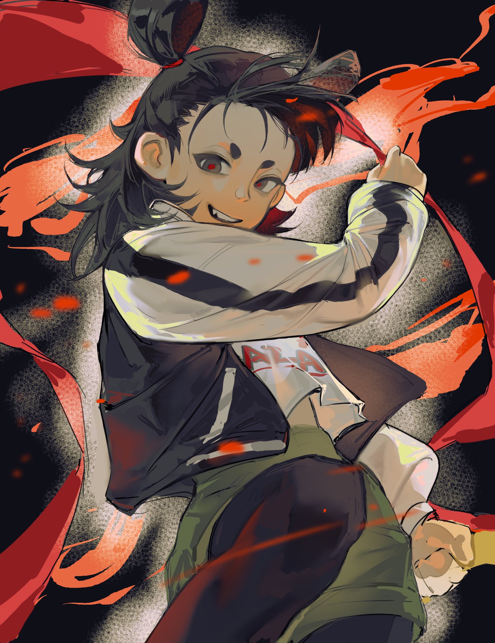 nezha (the legend of luoxiaohei), luo xiaohei zhanji, highres, 1boy, black eyes, black hair, black pantyhose, cowboy shot, double bun, green shorts, hair bun, holding, holding ribbon, jacket, long sleeves, midriff peek, pantyhose, parted lips, red pupils, red ribbon, ribbon, shiabb yu, shirt, shorts, smile, solo, white shirt