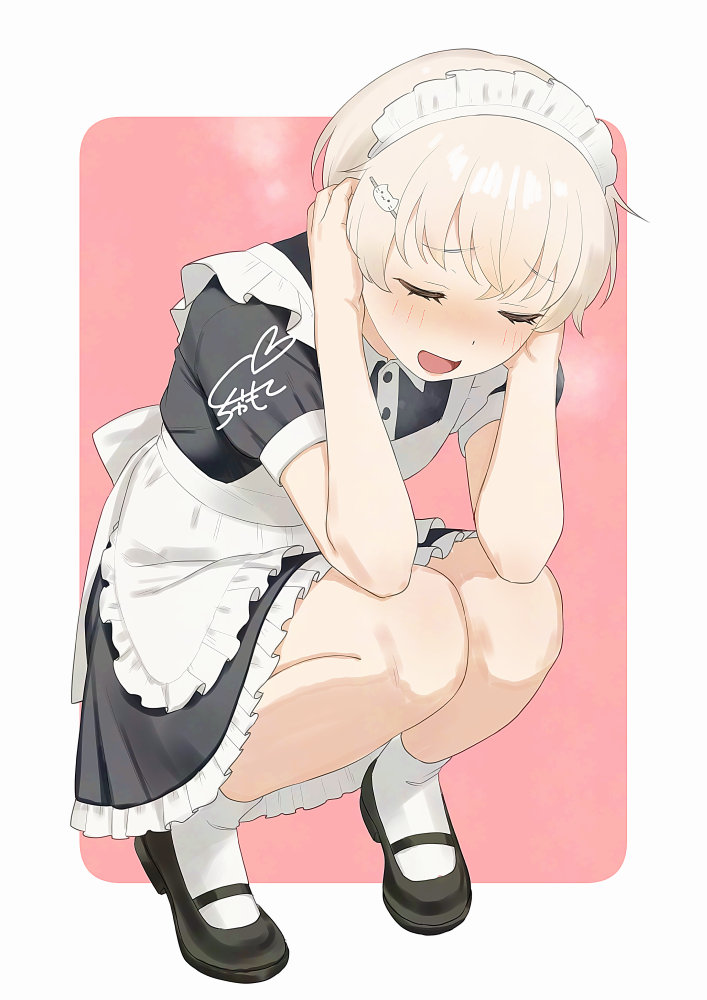 sakiecho, z1 leberecht maass (kancolle), kantai collection, adversarial noise, commentary request, 1girl, :d, alternate costume, apron, black dress, black shoes, blonde hair, blush, border, cat hair ornament, closed eyes, collared dress, contrast collar, covering own ears, crossed bangs, dress, embarrassed, english text, enmaided, frilled apron, frilled dress, frills, hair between eyes, hair ornament, hairpin, knees up, maid, maid apron, maid headdress, mary janes, mixed-language text, open mouth, outside border, red background, rounded corners, shoes, short hair, short sleeves, sidelocks, simple background, smile, socks, solid circle eyes, solo, squatting, watermark, white background, white border, white socks