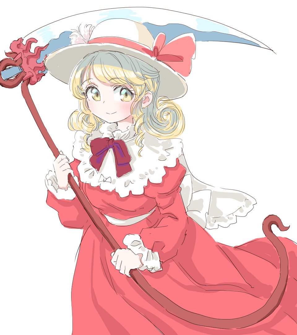 s-a-murai, elly (touhou), touhou, touhou (pc-98), 1girl, blonde hair, bowl, bowl hat, capelet, closed mouth, curly hair, dress, drill hair, drill sidelocks, flower, frilled capelet, frilled sleeves, frills, hat, hat flower, hat ribbon, holding, holding scythe, long dress, neck ribbon, red dress, red ribbon, ribbon, scythe, sidelocks, smile, solo, white capelet, white hat, yellow eyes