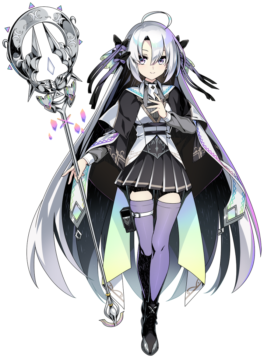 kanon (duel masters), duel masters, duel masters play's, official art, third-party source, 1girl, black shoes, black skirt, breasts, dress, grey eyes, grey hair, grey thighhighs, holding, holding staff, long hair, looking at viewer, medium breasts, pleated skirt, shoes, skirt, solo, staff, thighhighs, very long hair, white dress