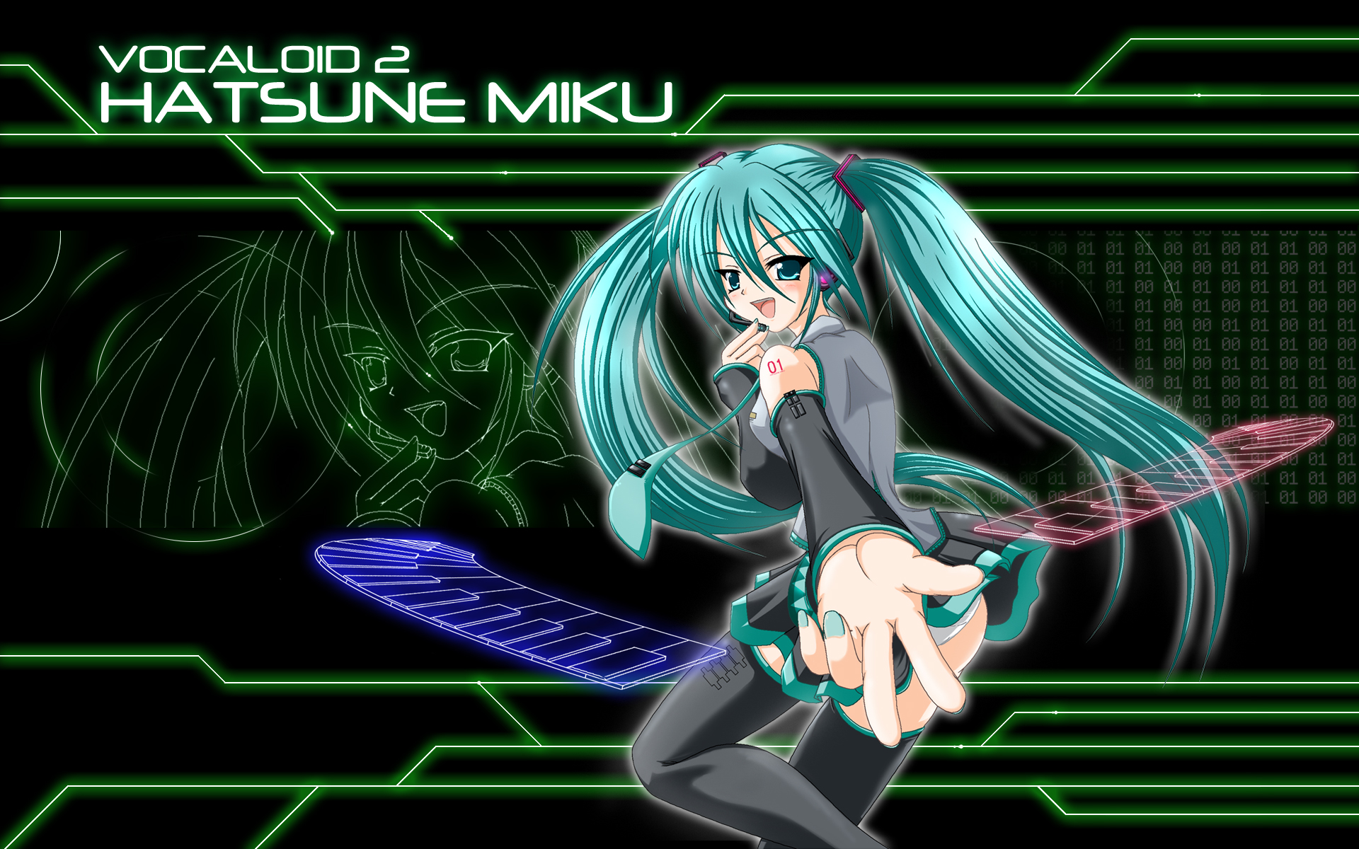 scarlet (infinity), hatsune miku, vocaloid, highres, black background, black thighhighs, blush, detached sleeves, foreshortening, green eyes, green hair, hair between eyes, long hair, necktie, solo, thighhighs, very long hair