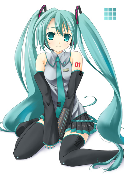 chuujou kagetsu, hatsune miku, vocaloid, 1girl, aqua eyes, aqua hair, aqua nails, aqua necktie, bare shoulders, black thighhighs, detached sleeves, female focus, long hair, looking at viewer, nail polish, necktie, pleated skirt, sitting, skirt, smile, solo, thighhighs, twintails, v arms, very long hair, wariza, white background, zettai ryouiki