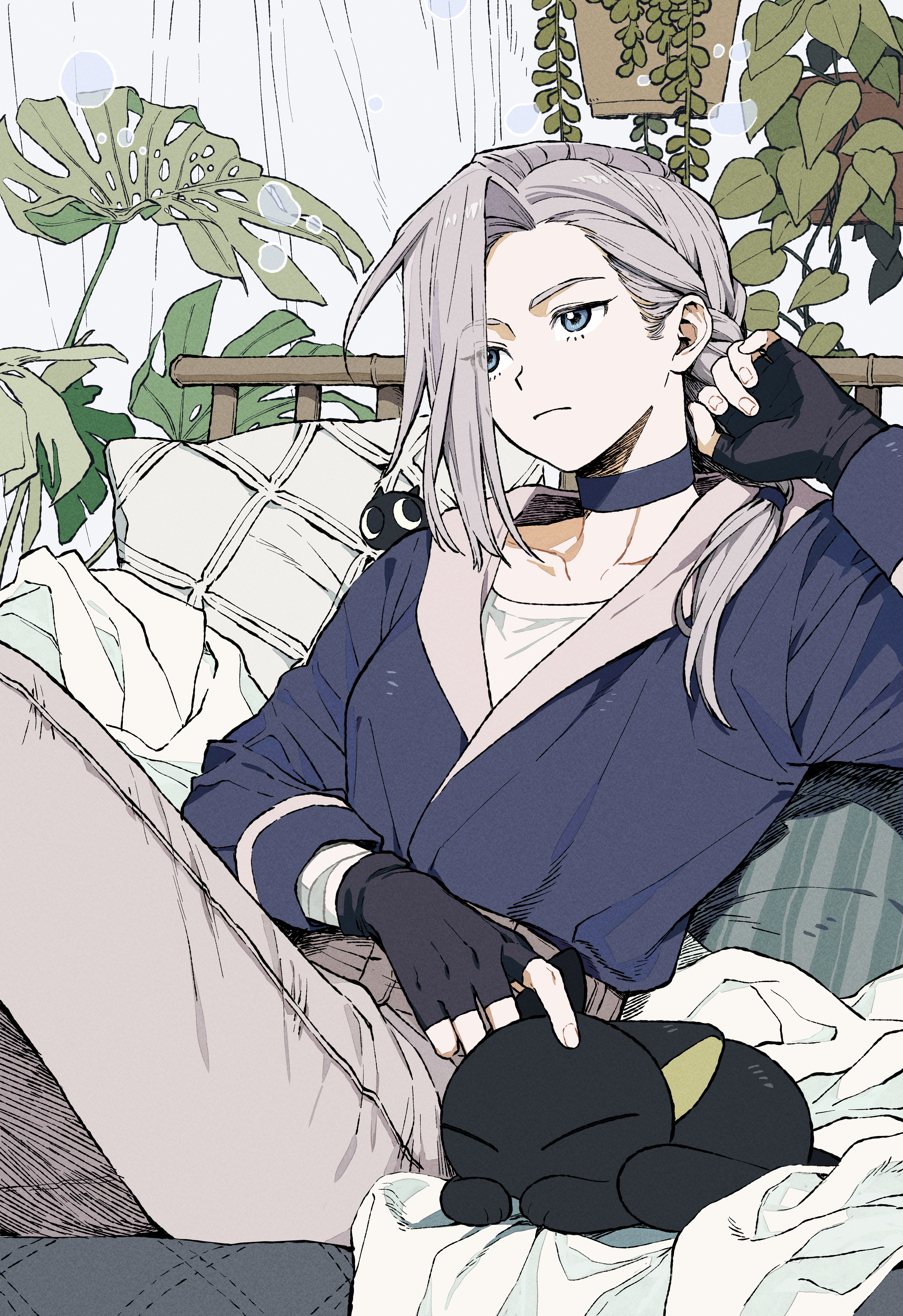 rokkatera, heixiu, luo xiaohei, luo xiaohei (cat), luo xiaohei zhanji, absurdres, highres, 1girl, black choker, black gloves, blue jacket, choker, fingerless gloves, gloves, grey hair, grey pants, jacket, leaf, luye (the legend of luoxiaohei), pants, pillow, plant, ponytail, potted plant, shadow, sitting