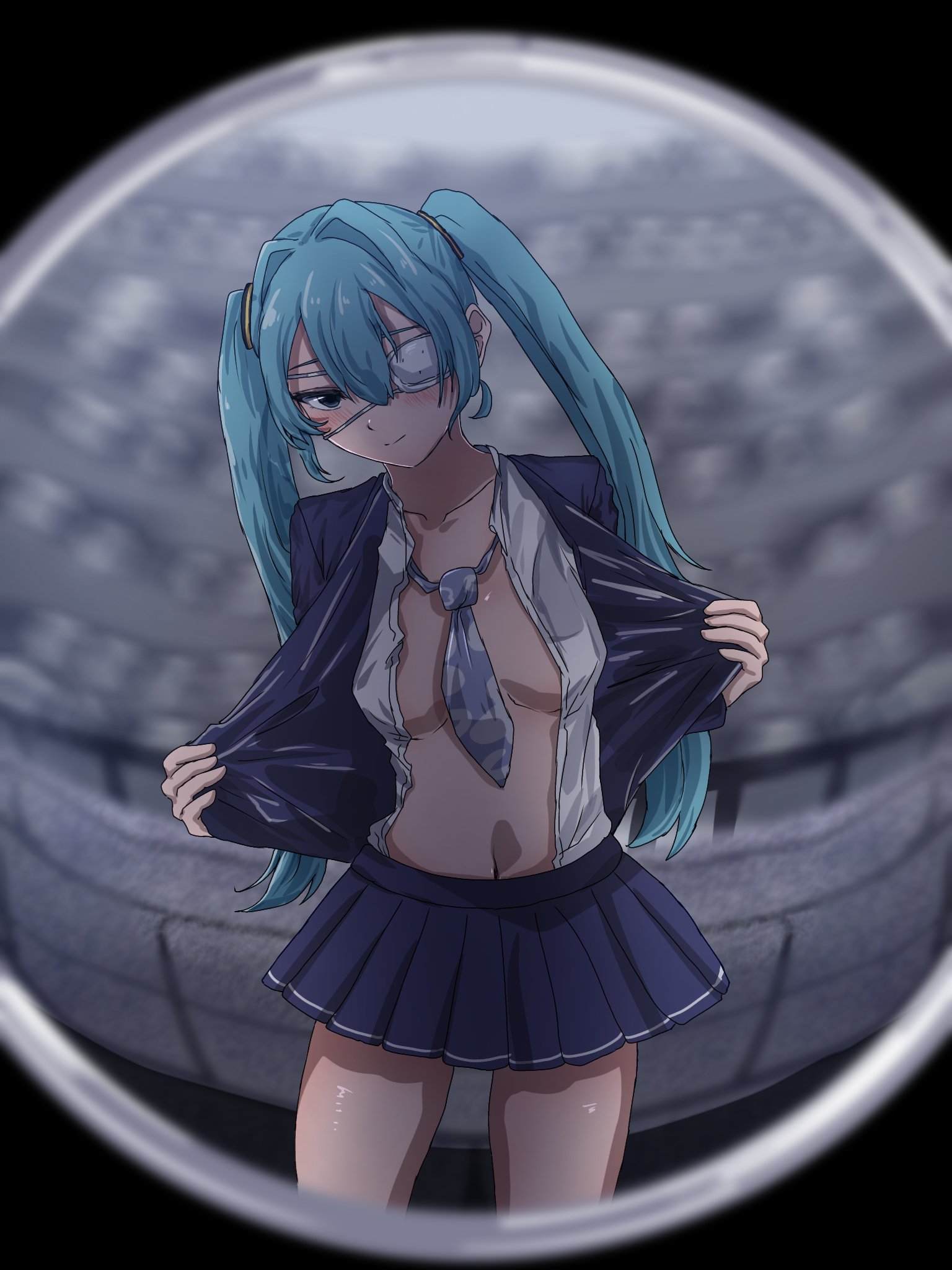kamatani ranger, hatsune miku, monitoring (vocaloid), highres, belly, between breasts, blue eyes, blue hair, blush, breasts, eyepatch, medical eyepatch, medium breasts, miniskirt, necktie, partially undressed, school uniform, shirt, skirt, thighs, twintails, white shirt