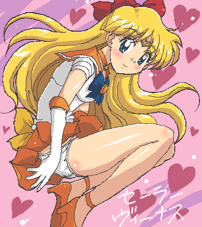 4040 (abonriya), aino minako, sailor venus, bishoujo senshi sailor moon, lowres, translated, 1990s (style), 1girl, blonde hair, blue eyes, blush, bow, character name, choker, elbow gloves, female focus, gloves, hair bow, half updo, heart, heart background, high heels, long hair, looking at viewer, magical girl, miniskirt, oekaki, orange skirt, panties, pantyshot, pink background, pleated skirt, red bow, retro artstyle, sailor collar, shoes, simple background, skirt, smile, solo, tiara, underwear, upskirt, white gloves, white panties, wind, wind lift