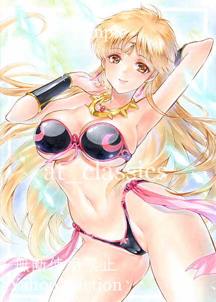 at classics, princess leona, dragon quest, dragon quest dai no daibouken, commentary request, traditional media, 1girl, arm behind head, arm guards, bikini, black bikini, blonde hair, blue background, breasts, brown eyes, cameltoe, circlet, cleavage, cowboy shot, earrings, floating hair, gluteal fold, gold circlet, jewelry, large breasts, long hair, midriff, navel, necklace, official alternate costume, pink trim, sample watermark, sideboob, solo, strapless, strapless bikini, swimsuit, teardrop earrings, underboob, watermark