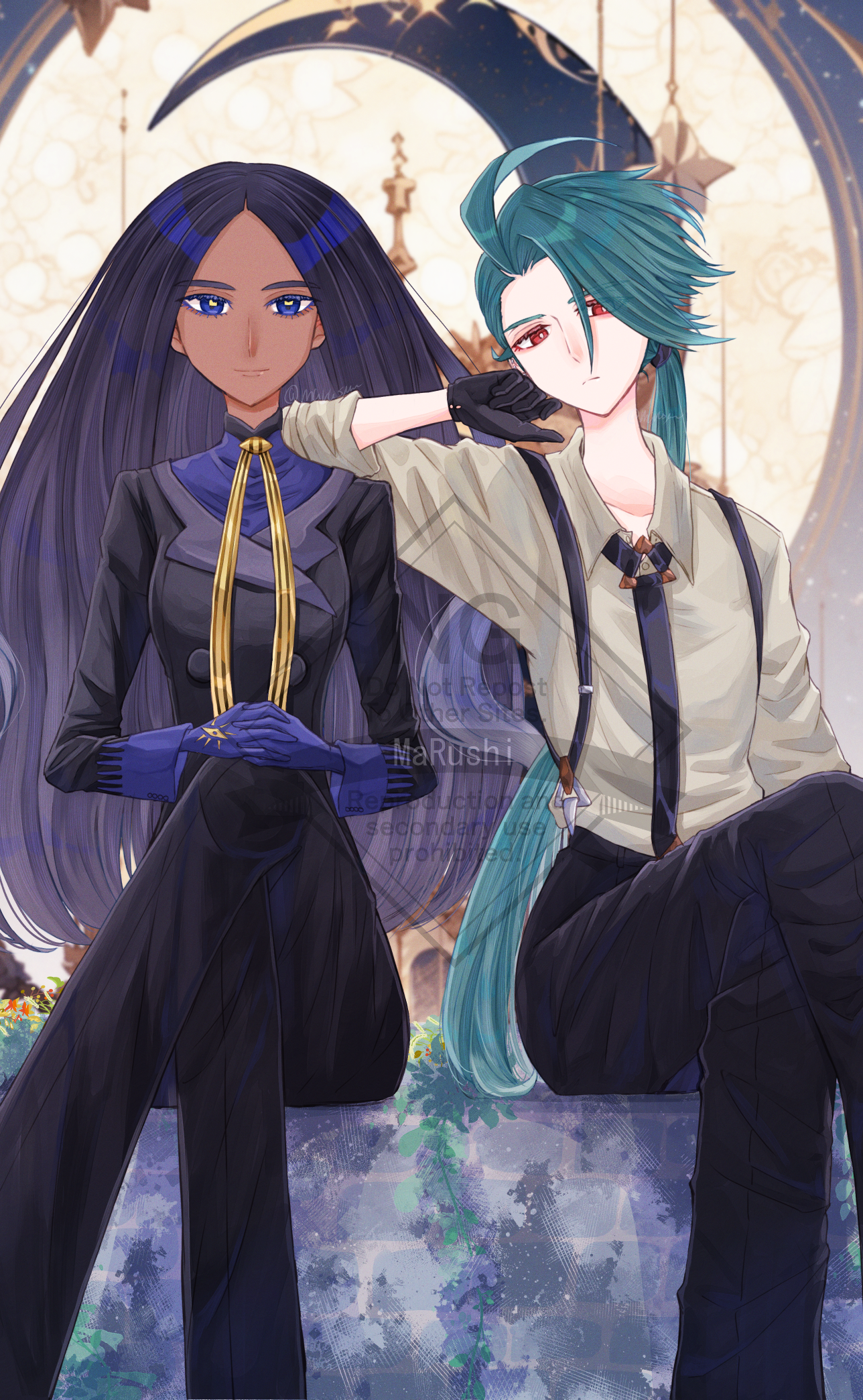 marushi (marusiiiil), geeta (pokemon), rika (pokemon), nintendo, pokemon, pokemon sv, commentary, highres, 2girls, ahoge, black gloves, black hair, black jacket, black pants, blue eyes, blue gloves, crossed legs, dark-skinned female, dark skin, expressionless, gloves, green hair, head rest, jacket, long hair, looking at viewer, multiple girls, pants, ponytail, red eyes, smile, watermark