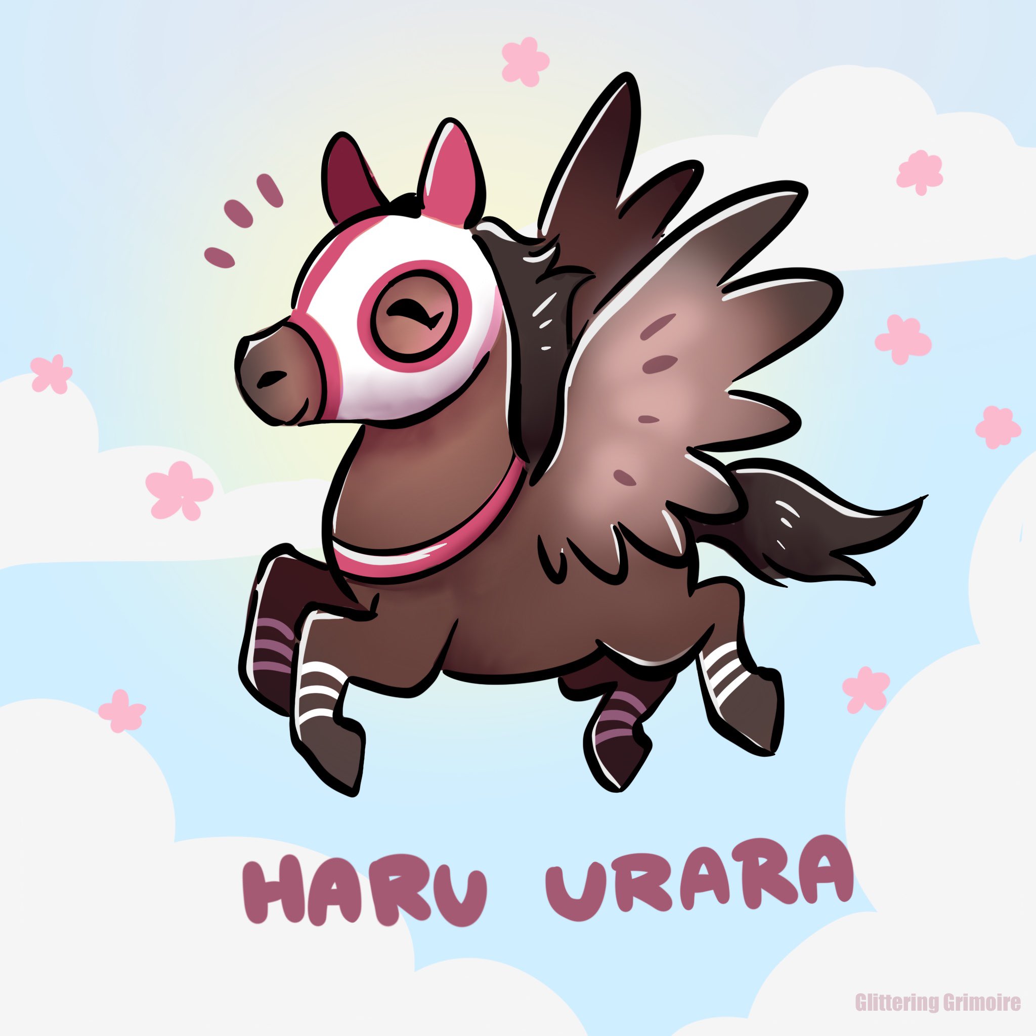 glittering grimoire, haru urara (racehorse), real life, highres, animal focus, blue sky, brown horse, closed eyes, closed mouth, cloud, english text, flying, horse, mask, no humans, pegasus wings, sky, smile, tail, wings