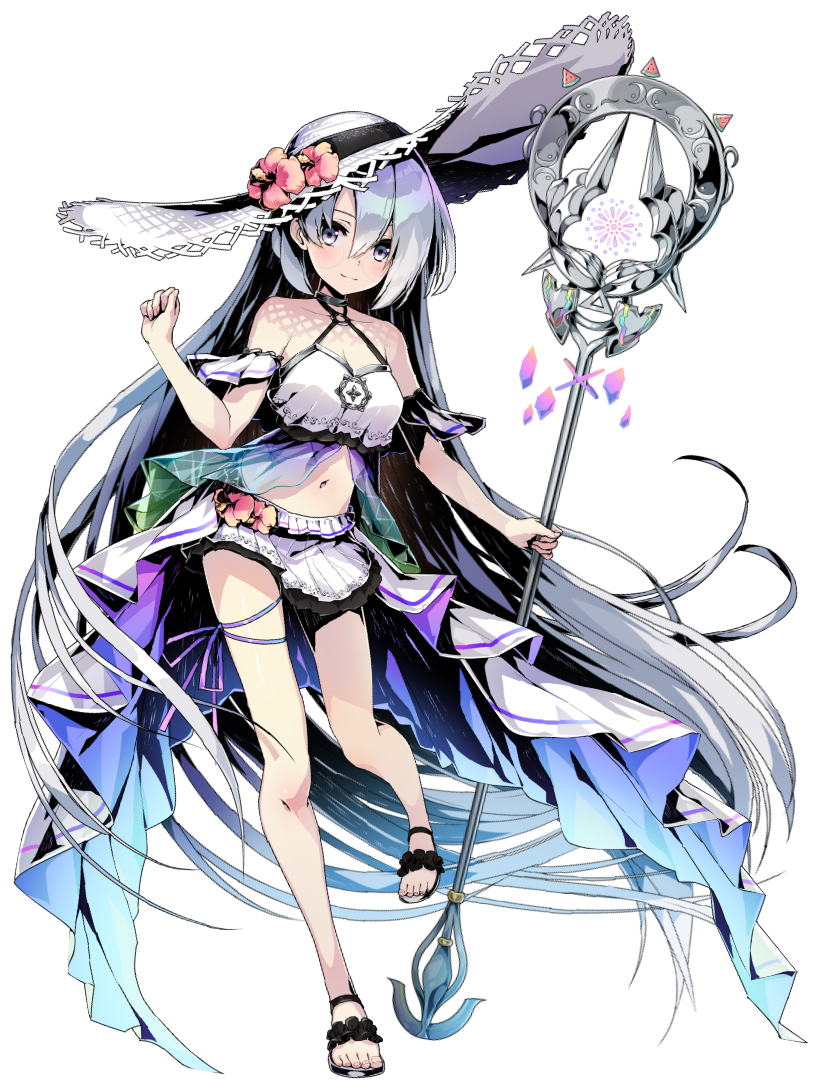 kanon (duel masters), duel masters, duel masters play's, official art, third-party source, 1girl, bare shoulders, blush, breasts, grey eyes, grey hair, hat, holding, holding staff, kanon (white wave) (duel masters), long hair, medium breasts, sandals, solo, staff, straw hat, swimsuit, very long hair, white hat