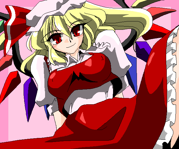 kieyza, kiezya, flandre scarlet, touhou, 1girl, aged up, alternate breast size (larger), blonde hair, blush, breasts, cowboy shot, female focus, large breasts, looking at viewer, oekaki, pink background, pixel art, rainbow order, red eyes, red skirt, side ponytail, simple background, skirt, smile, solo, wings
