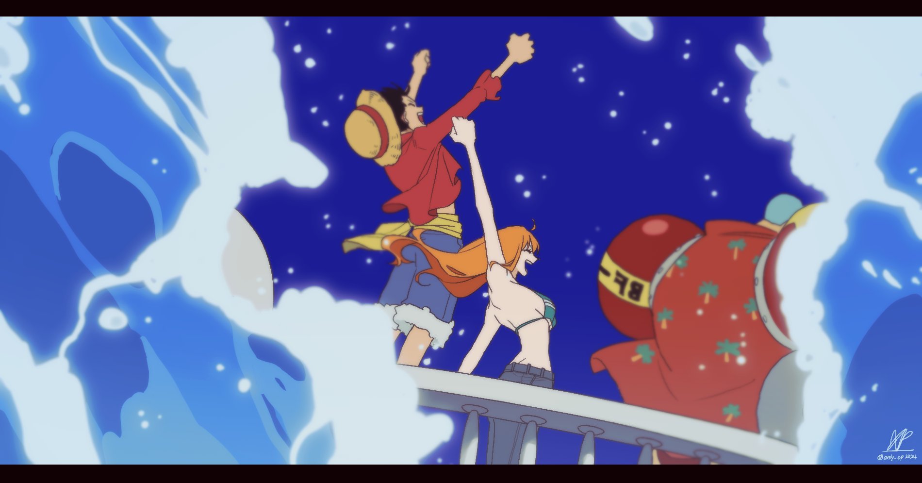 only op2024, franky (one piece), monkey d. luffy, nami (one piece), one piece, one piece fan letter, highres, 1girl, 2boys, arm up, arms up, bikini, bikini top only, black hair, blue hair, blue pants, blue shorts, blue sky, breasts, clenched hands, closed eyes, cyborg, denim, feet out of frame, floating hair, from side, fur-trimmed shorts, fur trim, green bikini, hat, long hair, medium breasts, multiple boys, open mouth, orange hair, outdoors, pants, profile, red shirt, sash, shirt, short hair, shorts, sky, smile, standing, straw hat, swimsuit, unworn hat, unworn headwear, very short hair, water, yellow sash