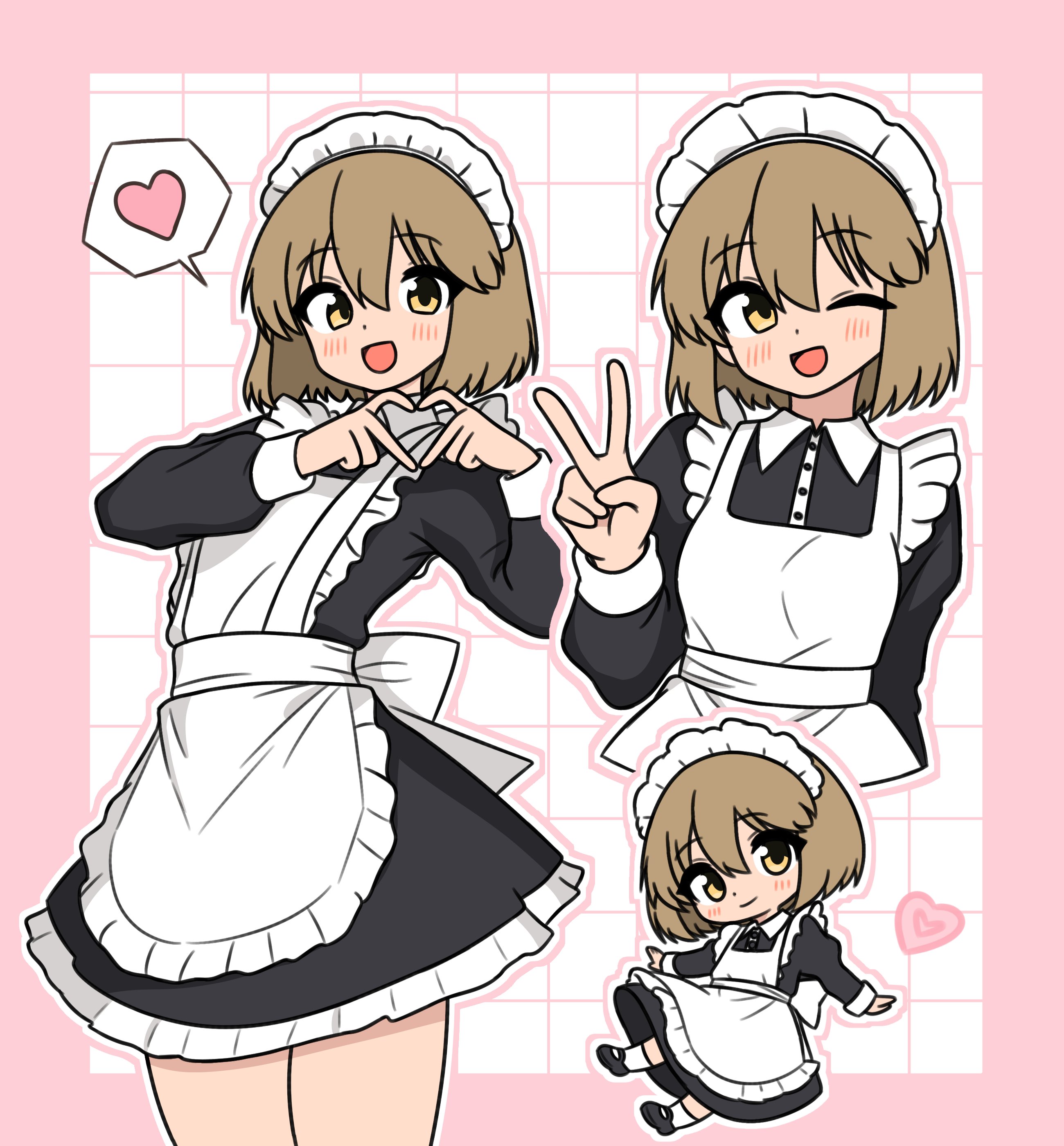 64vii, ayumu niikura, city (arawi keiichi), absurdres, commentary, english commentary, highres, 1girl, apron, back bow, black dress, black shoes, blonde hair, border, bow, buttons, chibi, chibi inset, closed mouth, collared dress, cropped torso, dot nose, dress, frilled apron, frilled dress, frills, grid background, hair between eyes, heart, heart hands, maid, maid apron, maid headdress, moe moe kyun!, multiple views, one eye closed, open mouth, outline, pink border, pink outline, shoes, short hair, smile, socks, speech bubble, spoken heart, thighs, v, white apron, white background, white bow, white outline, white socks, yellow eyes