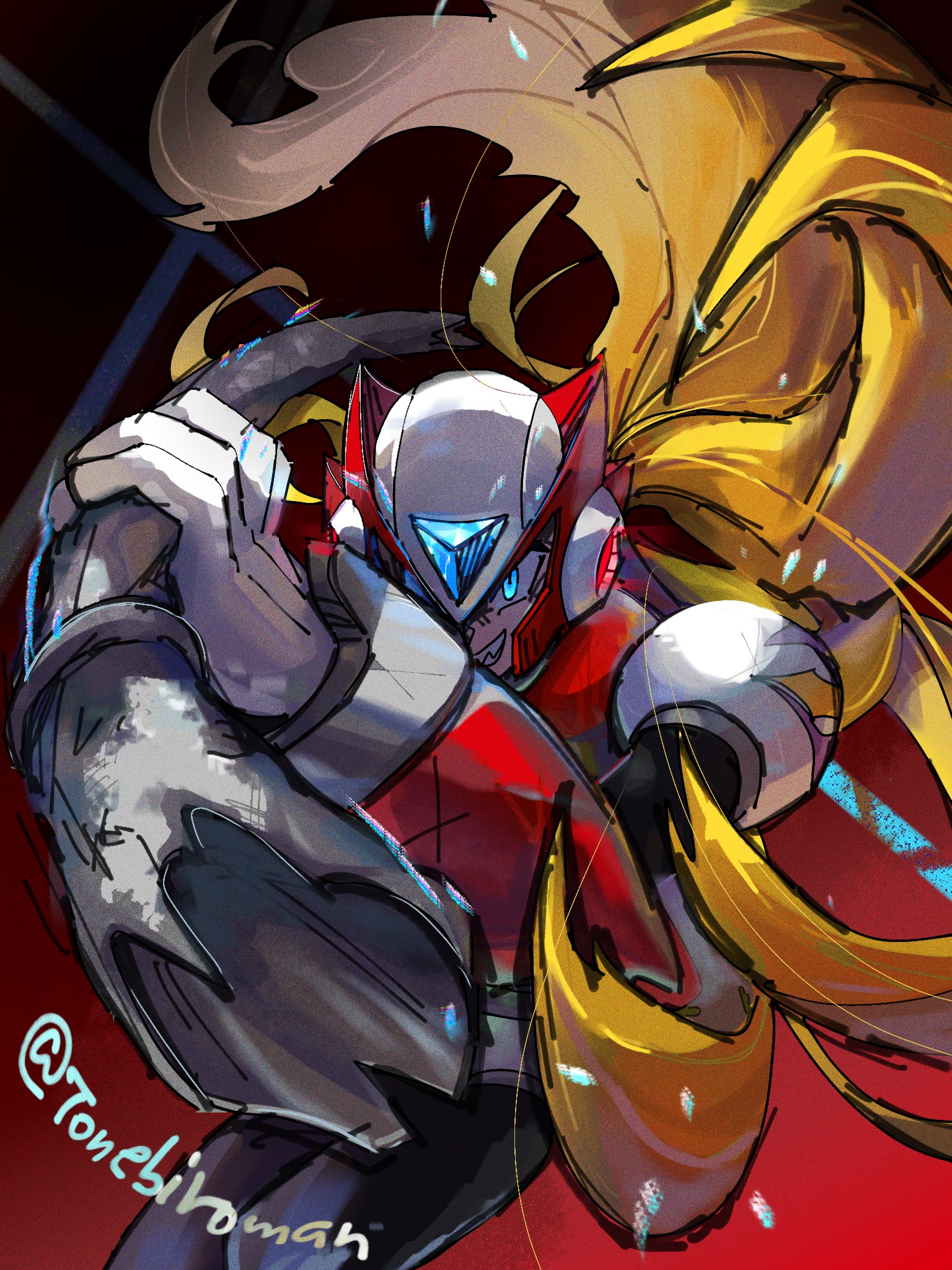 zero (mega man), mega man (series), mega man x4, mega man x (series), highres, revision, 1boy, armor, blonde hair, blue eyes, forehead jewel, helmet, holding, holding lead pipe, lead pipe, long hair, male focus, red armor, red background, red helmet, simple background, solo, tonebiro, twitter username