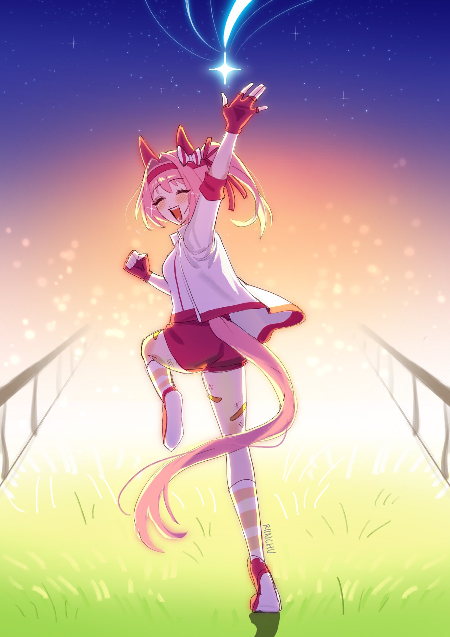 riinchu, haru urara (umamusume), umamusume, highres, 1girl, animal ears, bandaid, bandaid on leg, blush, bow, buruma, closed eyes, ear bow, ear covers, fingerless gloves, gloves, grass, hairband, haru urara (bestest prize) (umamusume), headband, horse ears, horse girl, horse tail, jacket, long hair, looking at viewer, looking back, open mouth, pink buruma, pink hair, pink headband, ponytail, red buruma, red gloves, red headband, running, shirt, smile, socks, solo, star (symbol), striped clothes, striped socks, tail, teeth, waving, white jacket, white shirt