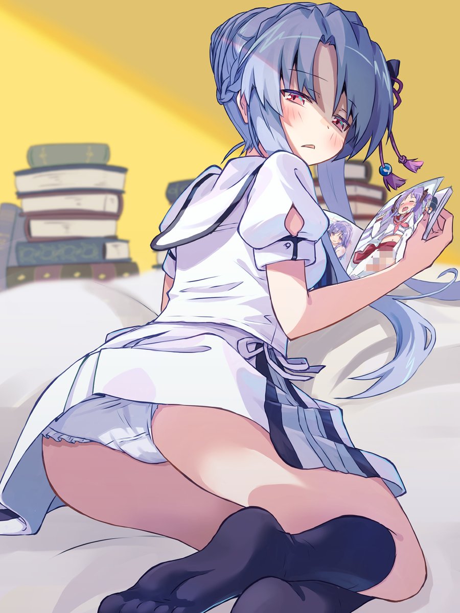 akayama yukihe, hiiragi kagami, mizuori shizuku, sorakado ao, lucky star, summer pockets, commentary request, highres, 1girl, animal print, ass, black socks, blue hair, blurry, blurry background, blush, book, braid, butterfly print, censored, character print, crossed ankles, crown braid, d:, feet, female pervert, frilled panties, frills, from behind, frown, full body, hair between eyes, hair bun, hair ribbon, half-closed eyes, holding, holding book, implied sex, indoors, kneehighs, long hair, lying, miniskirt, mosaic censoring, no shoes, on back, on bed, open book, open mouth, panties, pervert, pornography, puffy short sleeves, puffy sleeves, purple hair, red eyes, red ribbon, red sailor collar, ribbon, sailor collar, school uniform, serafuku, shirt, short sleeves, sidelocks, single hair bun, sitting, skirt, socks, soles, solo, straight hair, summer pockets school uniform, thighhighs, thighs, toes, twintails, underwear, white panties, white sailor collar, white serafuku, white shirt, white skirt, white thighhighs