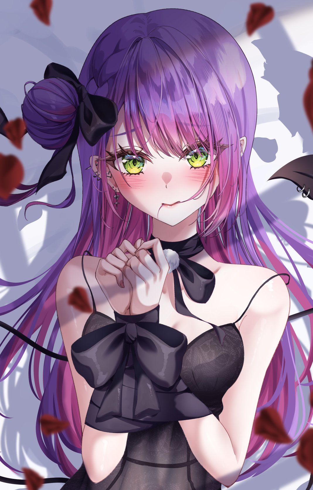 thdlyesf0ubp9d3, tokoyami towa, hololive, highres, 1girl, bare shoulders, blush, eyelashes, green eyes, hair bun, long hair, purple hair, solo, spaghetti strap, upper body, virtual youtuber