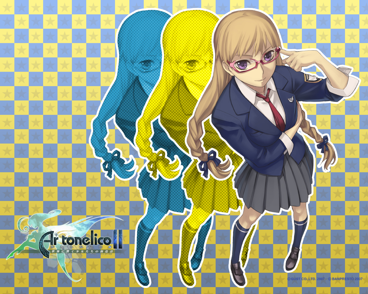 nagi ryou, chroche latel pastalie, frelia (ar tonelico), frelia ansul solmarta, ar tonelico, ar tonelico ii, gust, official art, official wallpaper, 00s, 1girl, adjusting eyewear, alternate costume, blazer, blonde hair, blouse, bow, braid, breast pocket, checkered background, collared shirt, copyright name, female focus, from above, full body, glasses, hair bow, jacket, kneehighs, long hair, miniskirt, necktie, outline, pleated skirt, pocket, red necktie, school uniform, shirt, skirt, socks, solo, standing, star (symbol), twin braids, white outline, white shirt