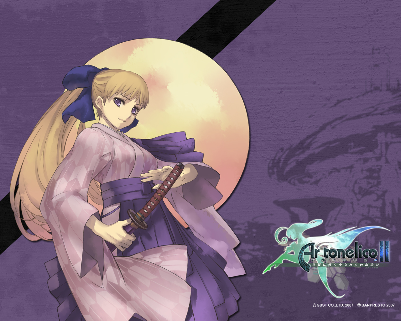 nagi ryou, chroche latel pastalie, frelia (ar tonelico), frelia ansul solmarta, ar tonelico, ar tonelico ii, gust, official art, official wallpaper, 00s, 1girl, alternate costume, arrow print, blonde hair, bow, dress, female focus, hair bow, hakama, hakama skirt, japanese clothes, katana, kimono, long hair, meiji schoolgirl uniform, moon, ponytail, print dress, print kimono, purple eyes, sheath, sheathed, skirt, smile, solo, sword, weapon, yagasuri