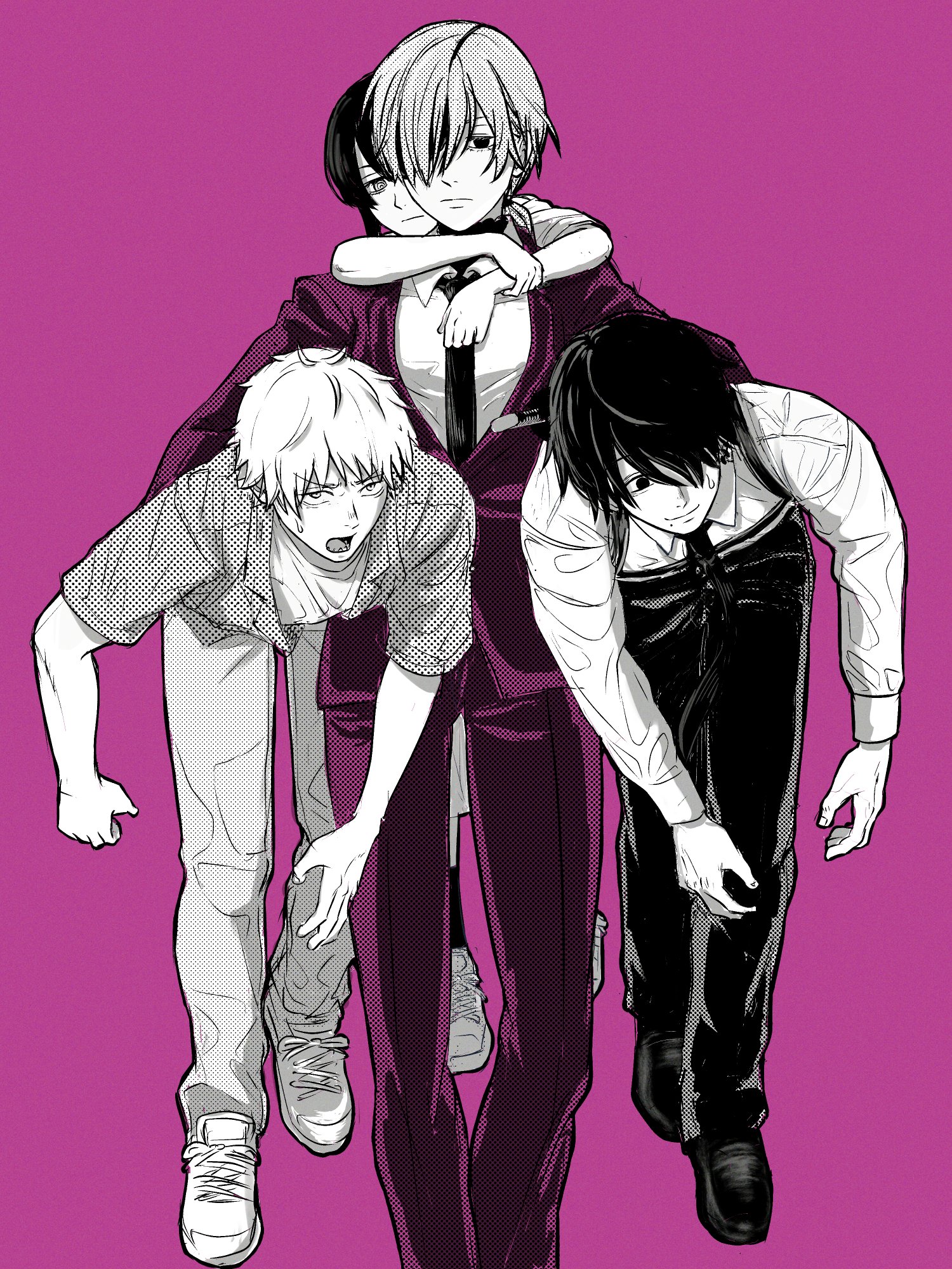 shkshnk, denji (chainsaw man), nayuta (chainsaw man), quanxi (chainsaw man), yoshida hirofumi, chainsaw man, commentary, highres, 2boys, 2girls, ben-day dots, black hair, black necktie, eyepatch, greyscale with colored background, mole, mole under mouth, multiple boys, multiple girls, necktie, open mouth, ringed eyes, screentones, sharp teeth, short hair, simple background, teeth