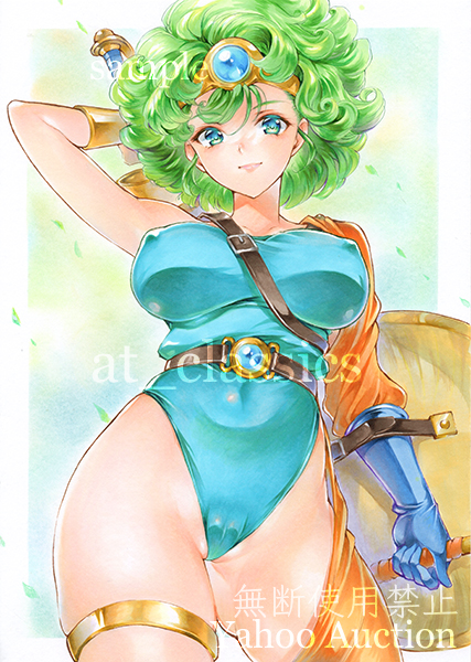 at classics, heroine (dq4), dragon quest, dragon quest iv, commentary request, traditional media, 1girl, aqua background, aqua eyes, aqua leotard, arm behind head, blue gemstone, blue gloves, border, breasts, cameltoe, circlet, covered erect nipples, covered navel, cowboy shot, curly hair, gem, gloves, gluteal fold, gold circlet, gold thighlet, gradient background, green background, green hair, holding, holding shield, holding sword, holding weapon, jewelry, large breasts, leotard, looking at viewer, orange sleeves, orange thighhighs, sample watermark, sheath, shield, short hair, single sleeve, single thighhigh, solo, sword, sword on back, thighhighs, thighlet, unsheathing, watermark, weapon, weapon on back, white border