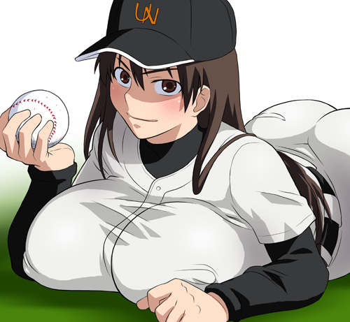 tetrodotoxin, momoe maria, ookiku furikabutte, lowres, 00s, 1girl, ass, ball, baseball, baseball (object), baseball cap, baseball uniform, blush, breasts, clothes writing, female focus, hat, huge ass, huge breasts, lying, on stomach, solo, sportswear, thighs, wide hips