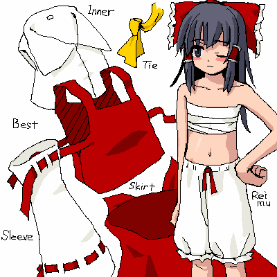 hakurei reimu, touhou, lowres, 1girl, bloomers, bow, english text, engrish text, female focus, japanese clothes, miko, oekaki, ranguage, sarashi, solo, underwear, white bloomers