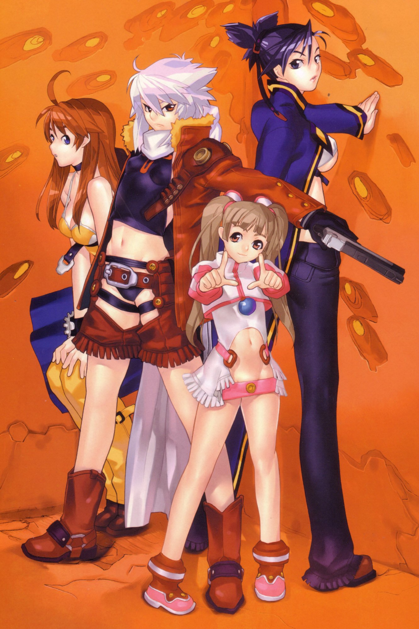 hakua ugetsu, amy (bakuretsu tenshi), jo (bakuretsu tenshi), meg (bakuretsu tenshi), sei (bakuretsu tenshi), bakuretsu tenshi, brown footwear, silver hair, highres, scan, 00s, 4girls, belt, belt skirt, black hair, blue eyes, blush, boots, breasts, brown eyes, brown hair, child, cleavage, fringe trim, full body, knee boots, microskirt, midriff, miniskirt, multiple girls, navel, no bra, no panties, orange background, ponytail, sheath, sheathed, short hair, simple background, skirt, standing, sword, underboob, weapon