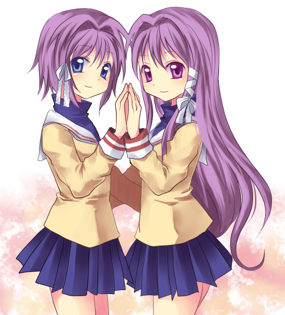 subaru (yachika), fujibayashi kyou, fujibayashi ryou, clannad, 00s, 2girls, blue eyes, hair ribbon, long hair, multiple girls, purple eyes, purple hair, ribbon, school uniform, serafuku, short hair, siblings, sisters, twins
