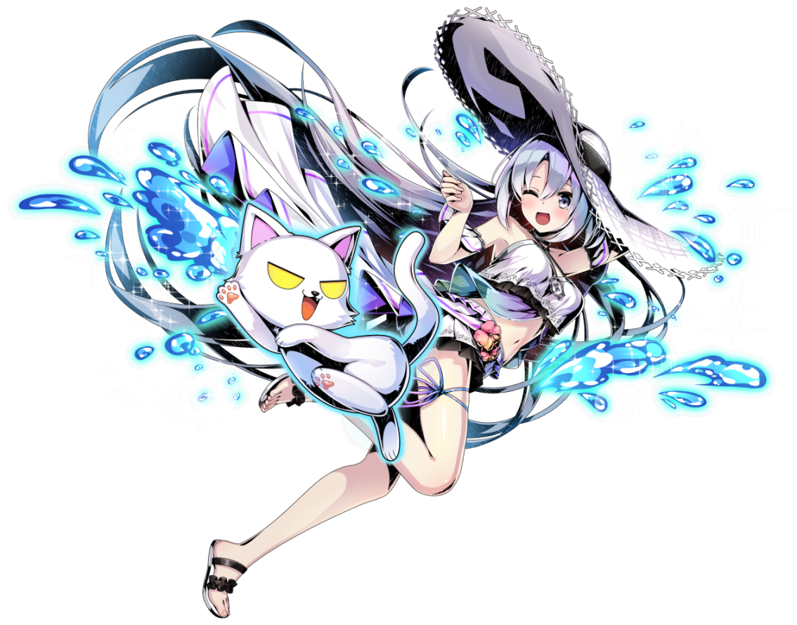 kanon (duel masters), duel masters, duel masters play's, official art, third-party source, 1girl, bare shoulders, breasts, cat, grey hair, hat, kanon (white wave) (duel masters), long hair, looking at viewer, medium breasts, navel, one eye closed, open mouth, sandals, shirt, straw hat, swimsuit, very long hair, white shirt, yellow eyes
