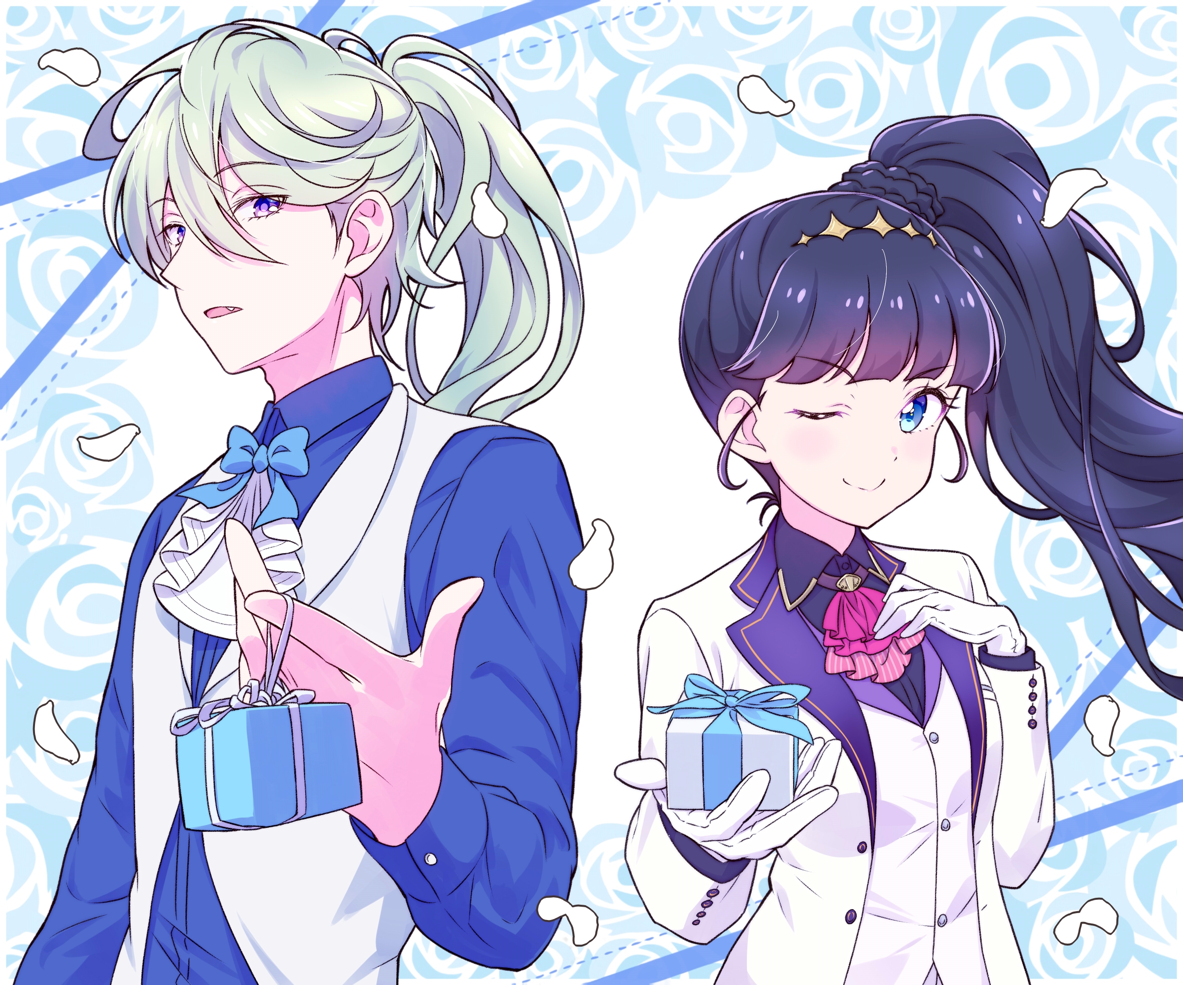 kyoutsuugengo, kasai amane, narcistoru, delicious party precure, precure, highres, 1boy, 1girl, blue bow, blue bowtie, blue eyes, blue flower, blue rose, blue shirt, blunt bangs, bow, bowtie, box, closed mouth, collared shirt, fang, flower, gift, gift box, gloves, green hair, hand on own chest, high ponytail, holding, holding gift, long hair, long sleeves, looking at another, looking at viewer, one eye closed, open mouth, ponytail, purple hair, rose, shirt, smile, vest, white gloves, white vest