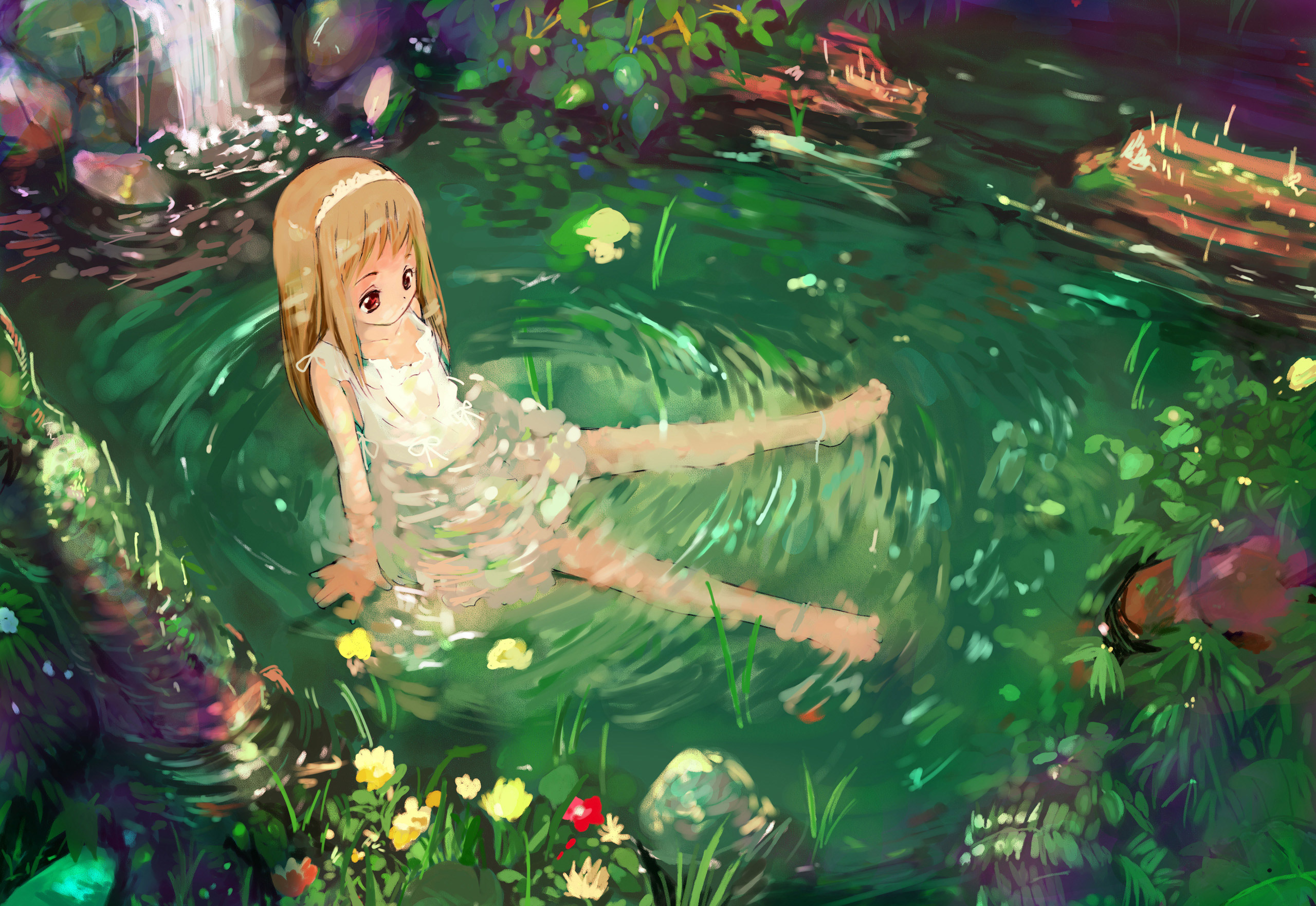 kusaka souji, original, highres, 1girl, arm support, barefoot, blonde hair, camisole, child, feet, female focus, flat chest, flower, hairband, headdress, long hair, nature, no bra, outdoors, partially submerged, plant, red eyes, ripples, scenery, sitting, solo, spread legs, water, waterfall, wet