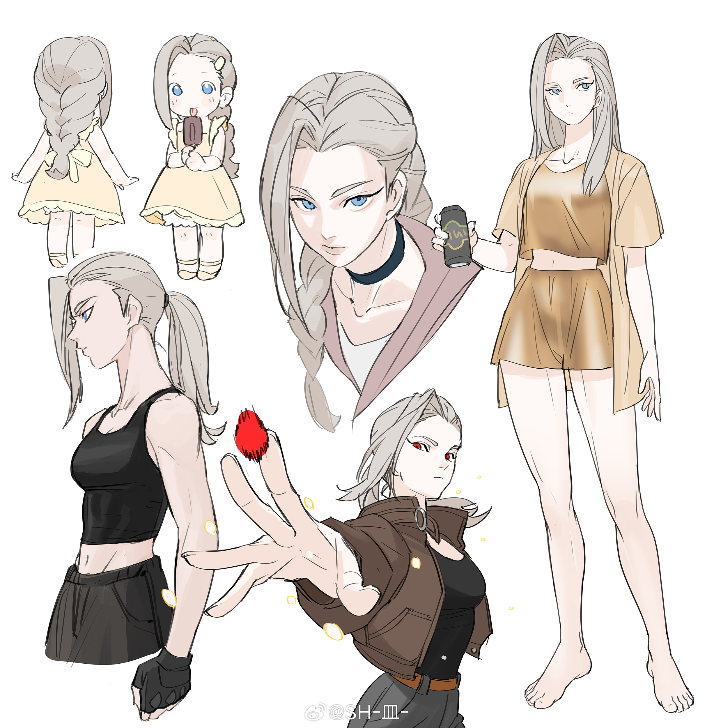 luo xiaohei zhanji, absurdres, highres, 1girl, bare legs, barefoot, belt, black choker, black pants, black tank top, blue eyes, braid, braided ponytail, brown belt, brown jacket, choker, dress, grey hair, grey pants, jacket, long hair, luye (the legend of luoxiaohei), midriff, multiple views, navel, pants, ponytail, red eyes, shorts, simple background, sleepwear, tank top, weibo 1776139674, white background, yellow dress, yellow shorts