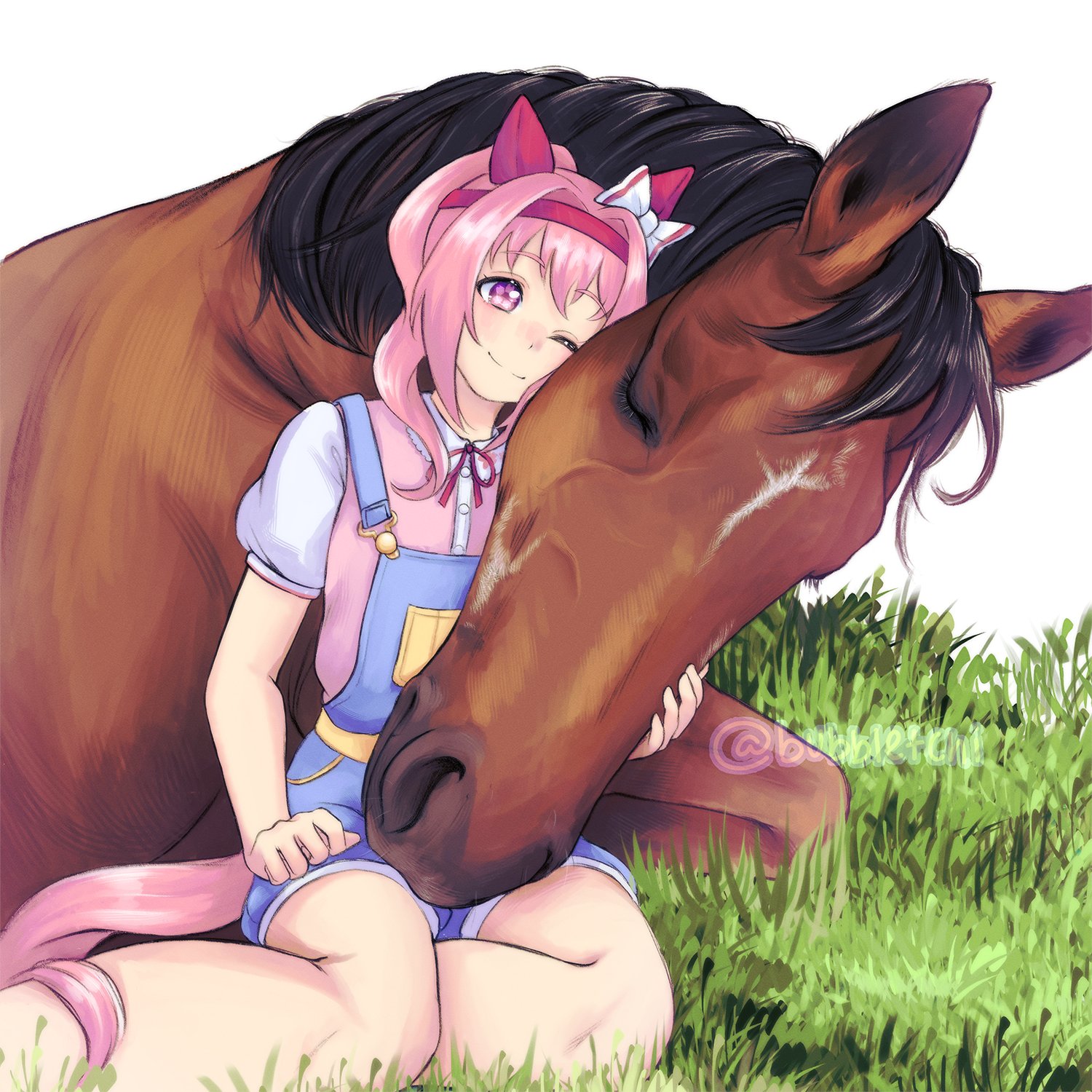 haru urara (racehorse), haru urara (umamusume), real life, umamusume, highres, 1girl, animal ears, ari bubbletchi, blue overalls, blush, bow, casual, closed mouth, creature and personification, ear bow, ear covers, flower-shaped pupils, flower in eye, grass, hairband, haru urara (casual) (umamusume), headband, horse, horse ears, horse girl, horse tail, long hair, one eye closed, overall shorts, overalls, personification, pink eyes, pink hair, pink headband, pink shirt, ponytail, purple eyes, red hairband, red headband, shirt, short sleeves, sitting, smile, symbol-shaped pupils, symbol in eye, tail, yokozuwari
