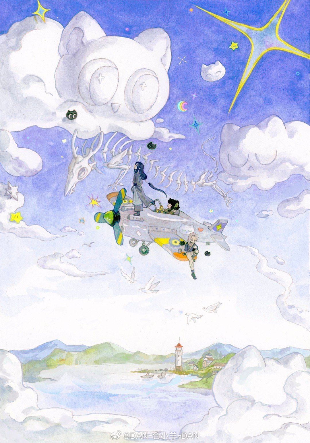 heixiu, luo xiaohei, luo xiaohei (human), wuxian (the legend of luoxiaohei), luo xiaohei zhanji, highres, traditional media, 1girl, 2boys, aircraft, airplane, animal skeleton, bird, blue sky, building, cloud, day, lighthouse, luye (the legend of luoxiaohei), mountain, multiple boys, sky, weibo 5233790559, wide shot
