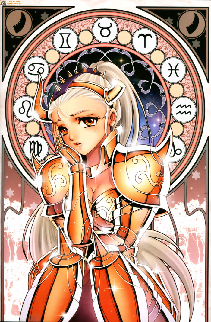 future studio (artist), mu fengchun, taurus aldebaran, saint seiya, silver hair, 1girl, aquarius (symbol), aries (symbol), armor, bikini armor, breasts, cancer (symbol), capricorn (symbol), cleavage, female focus, gemini (symbol), genderswap, genderswap (mtf), gold armor, horns, leo (symbol), long hair, medium breasts, orange eyes, pisces (symbol), ponytail, sitting, solo, taurus (symbol), taurus (zodiac), tears, very long hair, virgo (symbol), watermark, zodiac