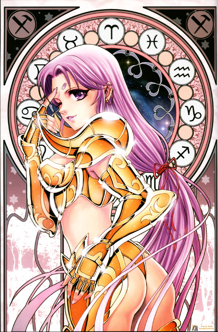 future studio (artist), mu fengchun, aries muu, saint seiya, 1girl, aquarius (symbol), aries (symbol), aries (zodiac), armor, ass, bikini armor, breasts, cancer (symbol), capricorn (symbol), earrings, facial mark, female focus, forehead mark, gemini (symbol), genderswap, genderswap (mtf), gold armor, jewelry, lipstick, long hair, looking back, makeup, medium breasts, midriff, one eye closed, panties, pisces (symbol), pointing, ponytail, purple eyes, purple hair, sagittarius (symbol), scorpio (symbol), solo, taurus (symbol), thong, underwear, very long hair, watermark, wink, zodiac