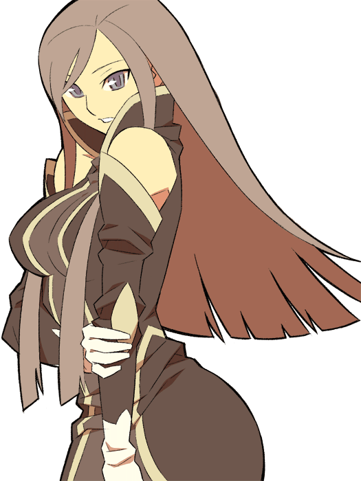 itsumo nokoru, tear grants, bandai namco, tales of (series), tales of the abyss, archived source, 1girl, anime coloring, aqua eyes, bare shoulders, black dress, black outline, black sleeves, blunt ends, blunt sidelocks, breasts, brown hair, clothing cutout, collared dress, detached sleeves, dress, elbow cutout, from side, gloves, hand on own elbow, high collar, large breasts, long dress, long hair, long sidelocks, looking at viewer, outline, parted lips, popped collar, sidelocks, simple background, sleeveless, sleeveless dress, solo, swept bangs, teeth, thick outlines, tsurime, very long hair, very long sidelocks, white background, white gloves, yellow trim