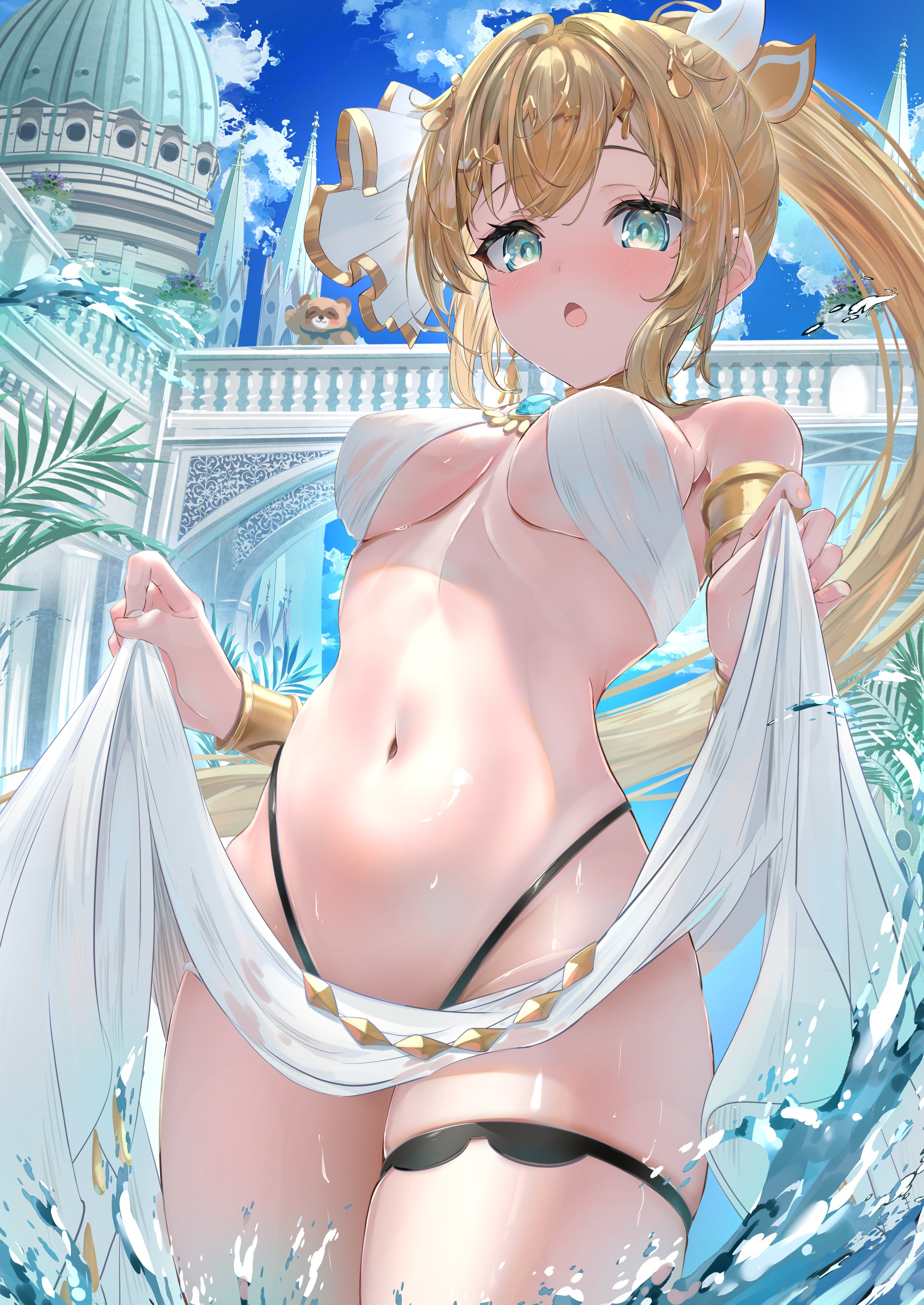 hai 0013, kazama iroha, hololive, absurdres, highres, 1girl, bare shoulders, bikini, black bikini, blonde hair, blue eyes, breasts, cowboy shot, high ponytail, long hair, medium breasts, ponytail, revealing clothes, solo, swimsuit