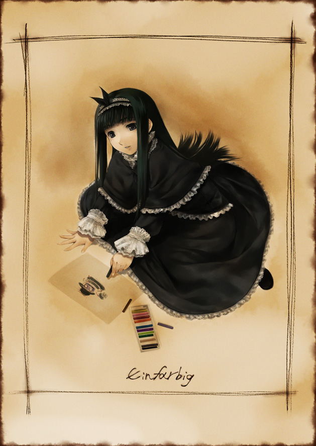 simosi, original, 1girl, black dress, black eyes, black hair, blunt bangs, capelet, crayon, drawing (action), dress, female focus, frills, german text, gothic lolita, hairband, lolita fashion, sitting, solo