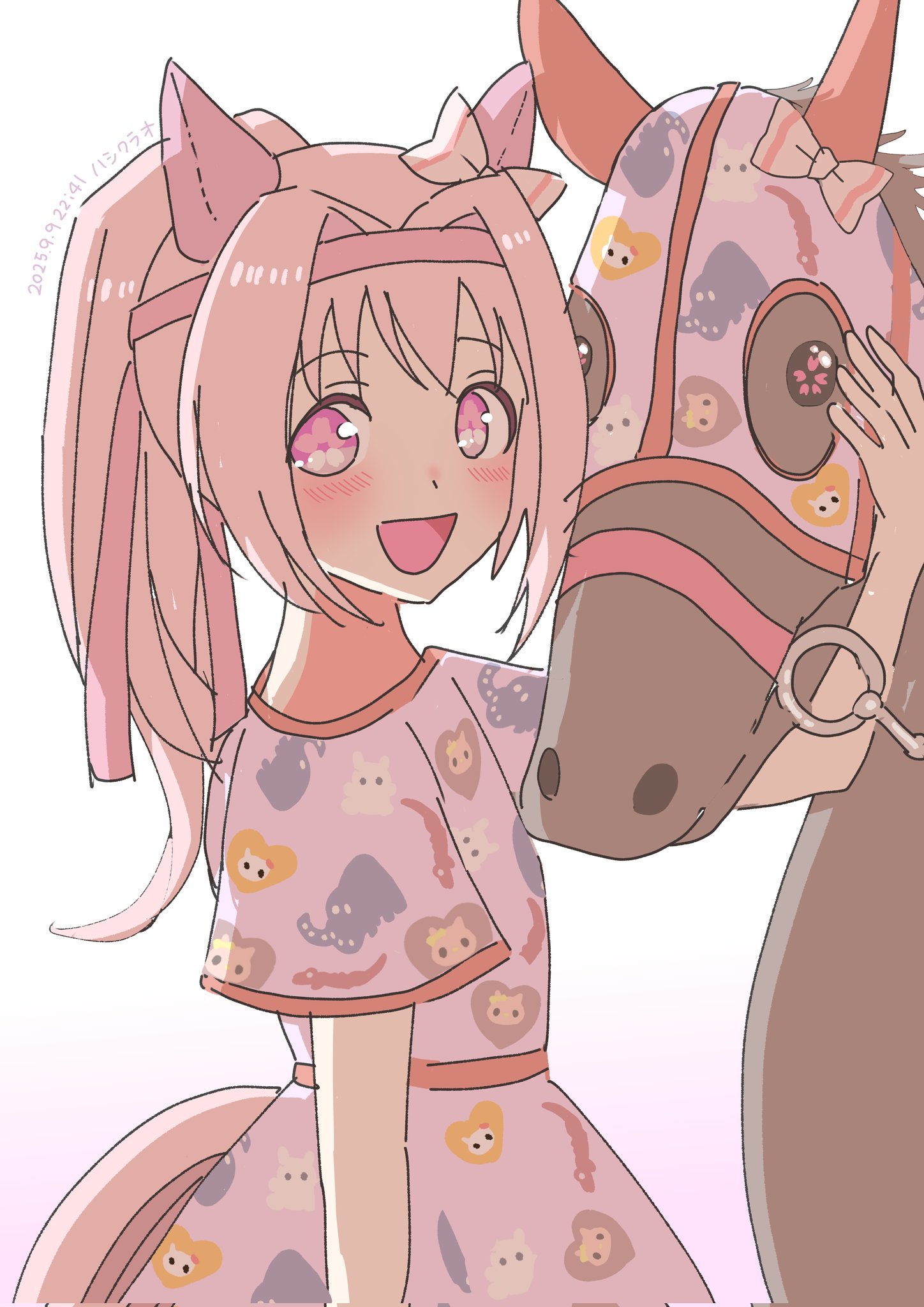 hashikurao, haru urara (racehorse), haru urara (umamusume), hello kitty, real life, sanrio, umamusume, highres, 1girl, animal ears, blush, bow, brown horse, closed mouth, creature and personification, dress, ear bow, ear covers, flower-shaped pupils, flower in eye, hairband, headband, horse, horse ears, horse girl, horse tail, long hair, looking at viewer, mask, open mouth, personification, pink eyes, pink hair, pink headband, ponytail, purple eyes, red headband, reins, short sleeves, smile, symbol-shaped pupils, symbol in eye, tail