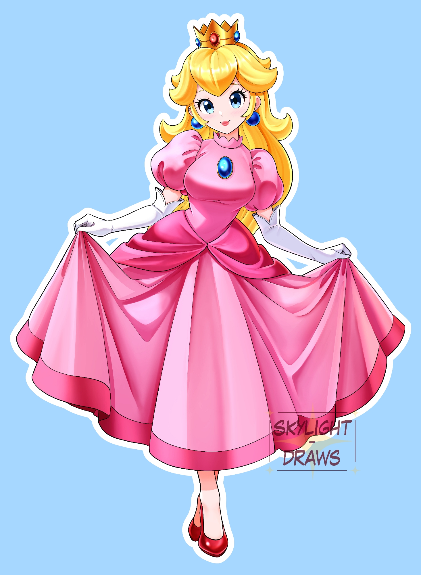 skylight draws, princess peach, mario (series), nintendo, commentary, highres, 1girl, blonde hair, blue background, blue brooch, blue eyes, breasts, closed mouth, crossed legs, crown, curtsey, dress, earrings, elbow gloves, full body, gloves, high heels, jewelry, long dress, looking at viewer, makeup, medium breasts, opal (gemstone), pink dress, pink lips, puffy short sleeves, puffy sleeves, red shoes, shoes, short sleeves, simple background, skirt hold, smile, solo, sphere earrings, watson cross, white gloves