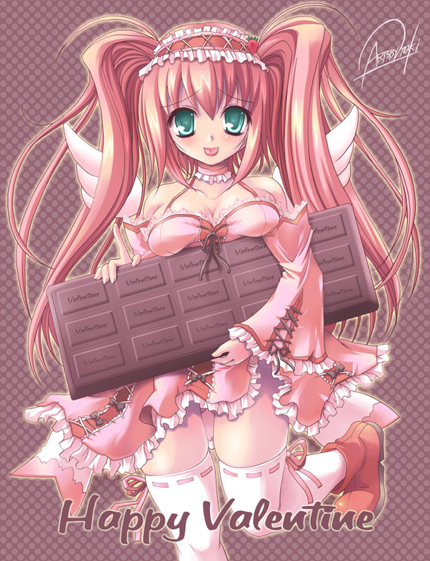 maki (seventh heaven maxion), 1girl, candy, chocolate, chocolate bar, female focus, food, goth fashion, happy valentine, solo, thighhighs, tongue, twintails, valentine, wings