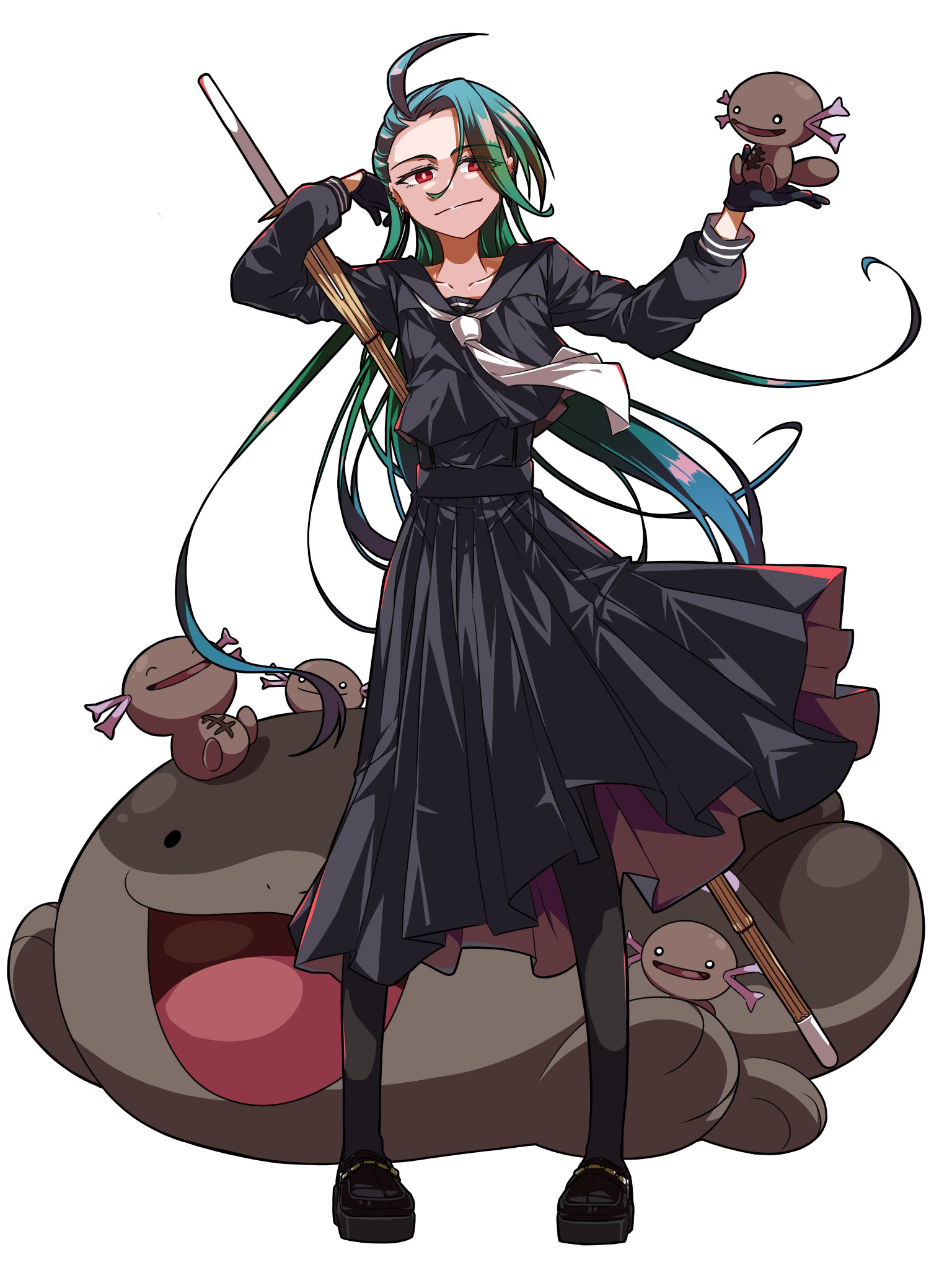 rubille (wmpt2737), rika (pokemon), nintendo, pokemon, pokemon sv, character request, commentary, highres, 1girl, ahoge, black gloves, black pantyhose, black serafuku, closed mouth, full body, gloves, green hair, hair down, huge ahoge, long hair, long skirt, looking at another, necktie, pantyhose, pokemon (creature), red eyes, school uniform, serafuku, simple background, skirt, smile, white background, white necktie