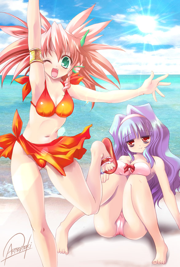 maki (seventh heaven maxion), 2girls, beach, bikini, day, fang, green eyes, multiple girls, one eye closed, red eyes, sandals, sarong, swimsuit, wink