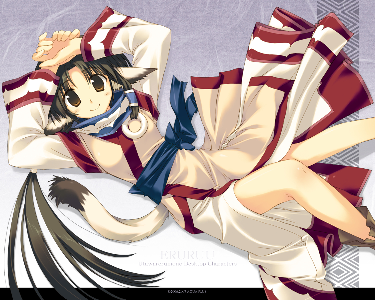 amazuyu tatsuki, eruruu, utawarerumono, official art, official wallpaper, 00s, 1girl, animal ears, arms up, black hair, blush, boots, breasts, brown eyes, character name, company name, copyright name, dated, dog ears, dog tail, dutch angle, female focus, from above, gradient background, grey background, hair ornament, hair tubes, japanese clothes, kimono, light smile, long hair, long sleeves, looking at viewer, low ponytail, lying, on back, own hands together, parted bangs, ponytail, sash, shadow, sidelocks, small breasts, smile, solo, tail, turtleneck, very long hair, wide sleeves