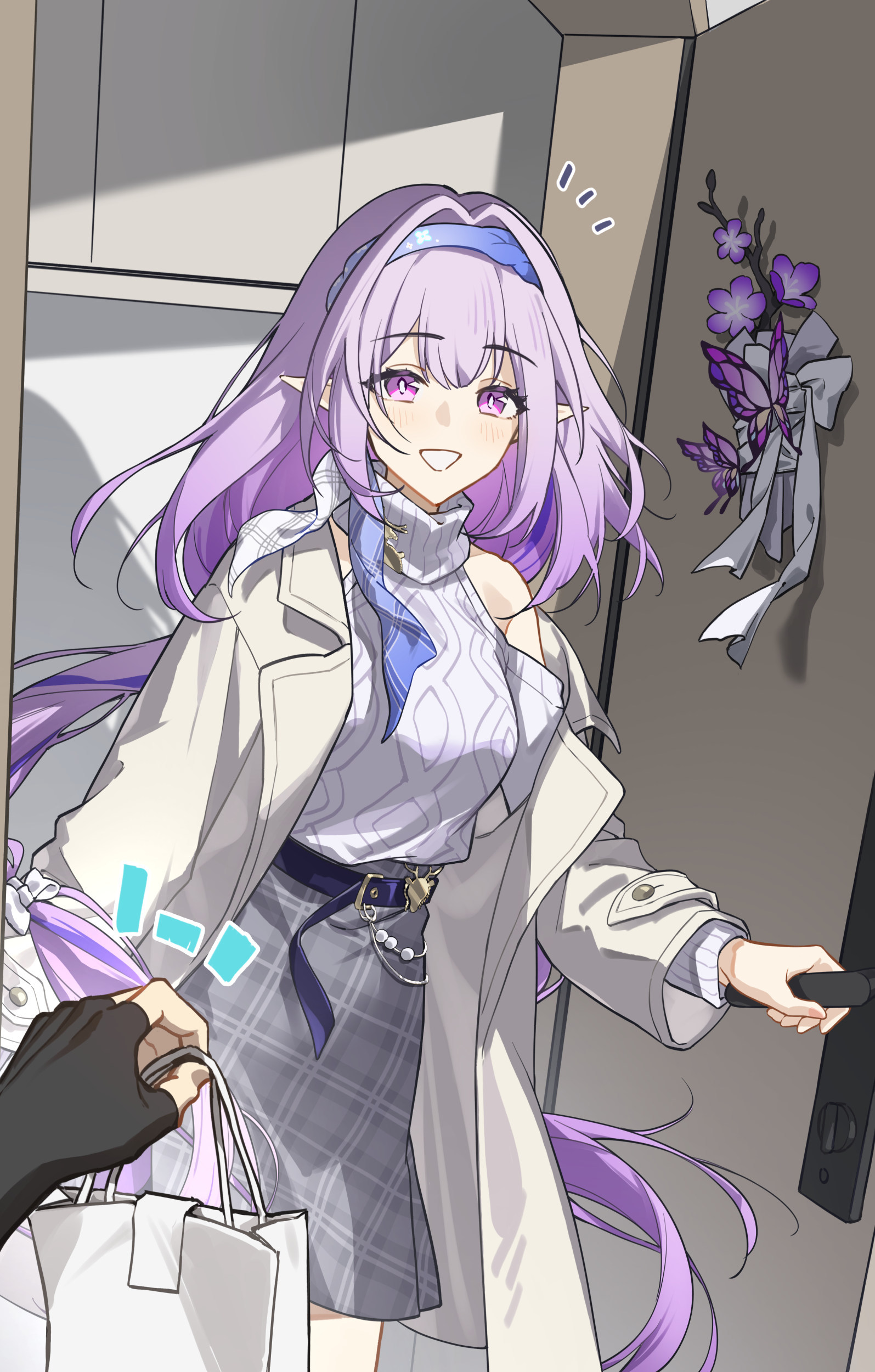 hei lang, castorice (honkai: star rail), honkai: star rail, honkai (series), absurdres, chinese commentary, commentary request, highres, 1girl, bug, butterfly, butterfly ornament, door, flower, insect, open door, pointy ears, pov, pov hands, purple eyes, purple flower, purple hair