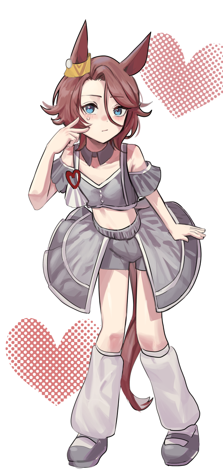 solokitsune, narita taishin (umamusume), umamusume, highres, 1girl, animal ears, blue eyes, brown hair, crop top, full body, grey shoes, hair between eyes, heart, horse ears, horse girl, horse tail, leg warmers, off shoulder, overskirt, parted bangs, shoes, short hair, short shorts, shorts, solo, tail, white background