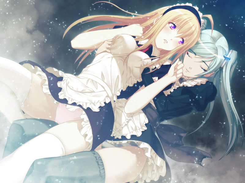 oosaki shin'ya, anna (gekkou no carnevale), lunaria, gekkou no carnevale, game cg, 2girls, ahoge, between thighs, blonde hair, blush, breasts, cross, dutch angle, frills, from behind, frottage, grabbing another's breast, green hair, groping, hairband, long hair, maid, multiple girls, panties, pantyshot, pink panties, purple eyes, sitting, skirt, sky, star (sky), star (symbol), starry sky, striped clothes, striped panties, thighhighs, thighs, twintails, underwear, yuri